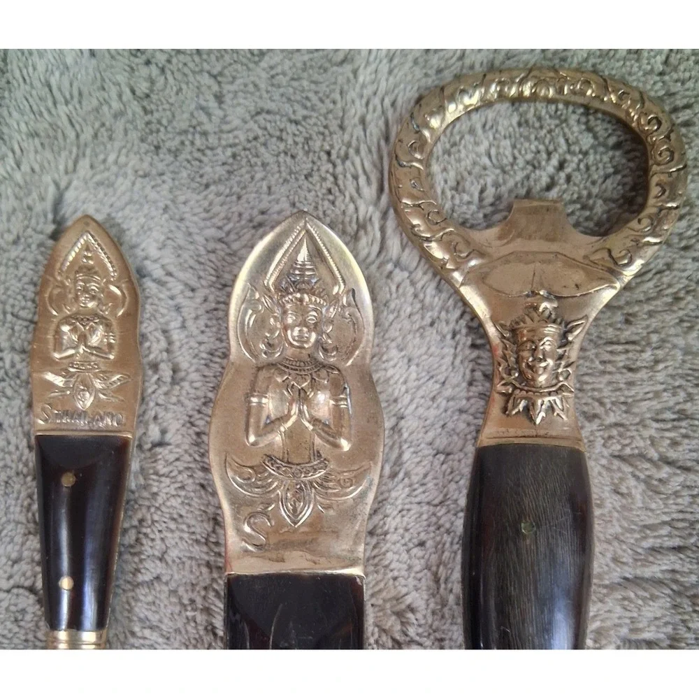 Vintage Siam Thai Brass & Buffalo Horn Barware Set Buddha Coffee Spoon Fork 3pc
